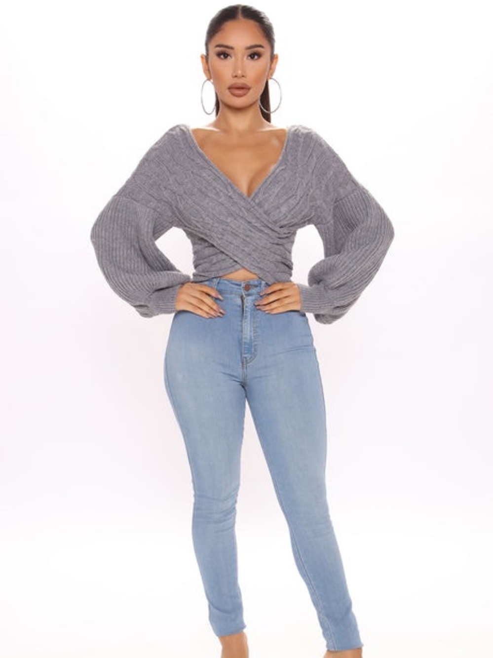Fashion Nova Gray Cable Knit Twist Cropped Sweater